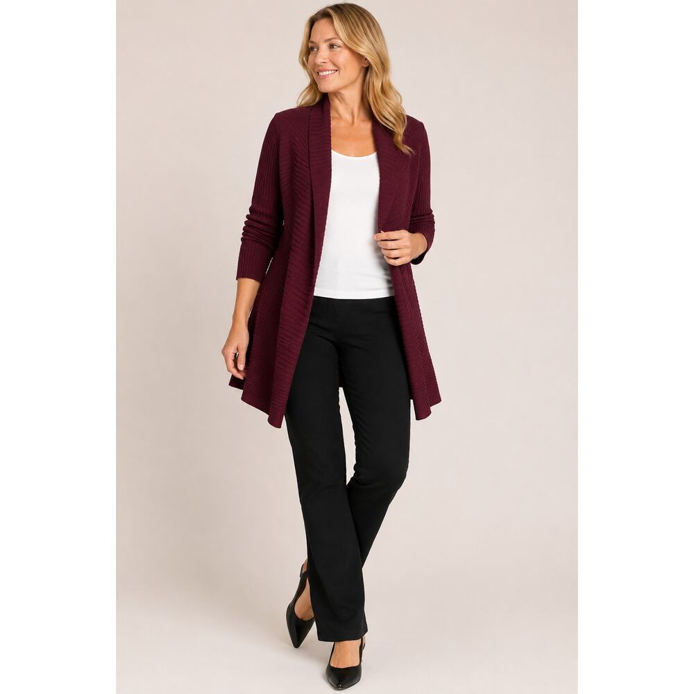 Eileen Fisher Merino Wool Open Front Ribbed Cardigan Sweater Burgundy Size Large - Picture 2 of 8